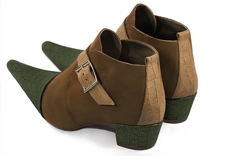 Women's forest green, chocolate brown and camel beige elegant ankle boots, with buckles at the front. Pointed toe. Low cone heels - Rear view